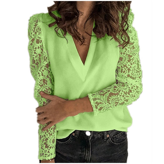 Women V-neck Lace Hollow Out Blouse Patchwork Long Sleeve White Office Ladies