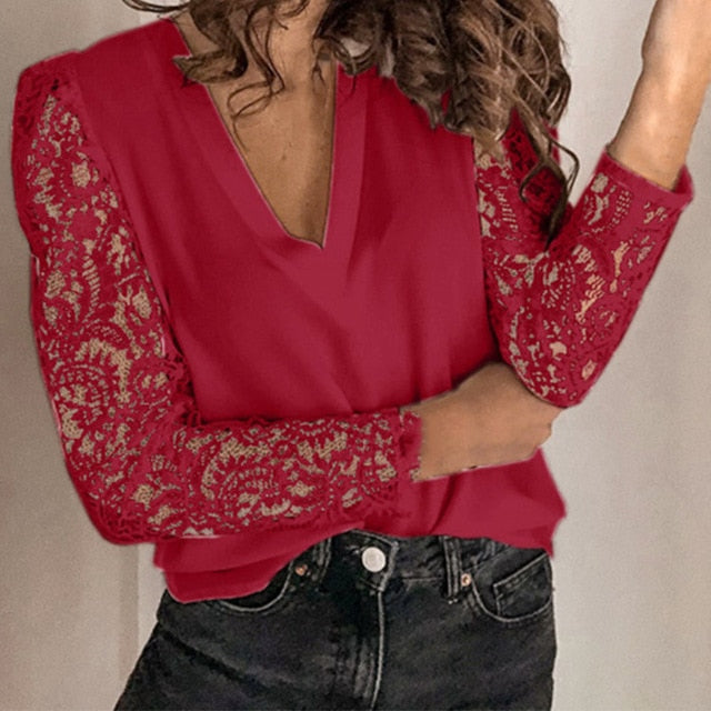 Women V-neck Lace Hollow Out Blouse Patchwork Long Sleeve White Office Ladies