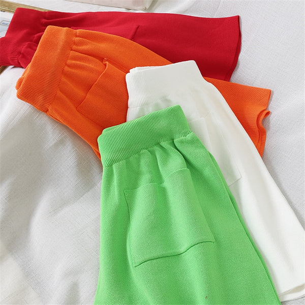 Candy Color Korean Fashion Spring Summer Shorts Women High Waist Wide Leg Knit Short Casual Sport Wear