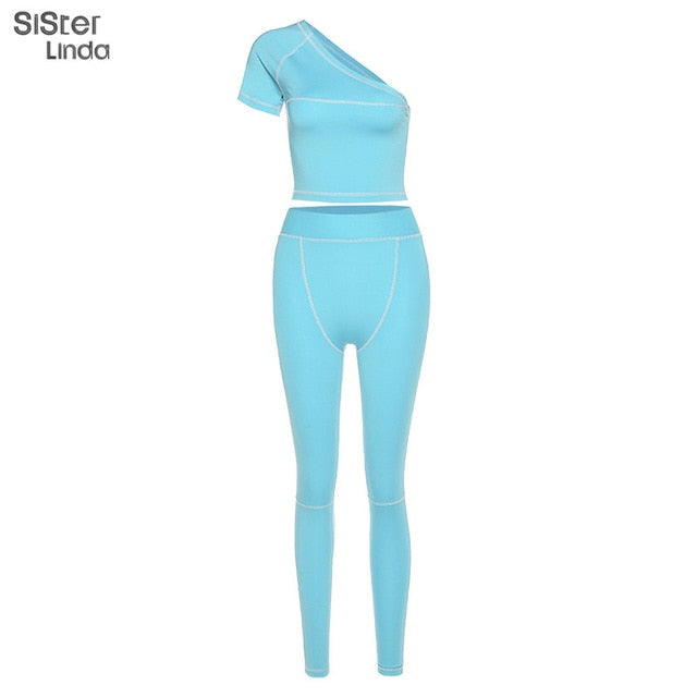 Sisterlinda 2020 Slash Collar Top Sport Leggings Two Piece Set Active