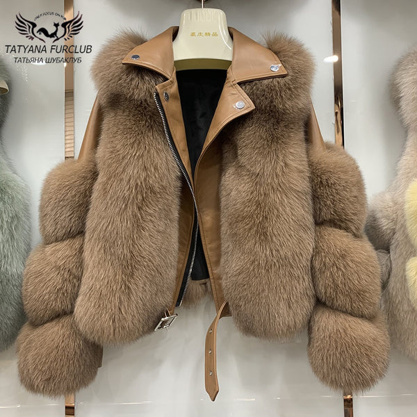 Fashion Real Fox Fur Coats Sheepskin Leather Wholeskin Natural Fox Fur Jacket