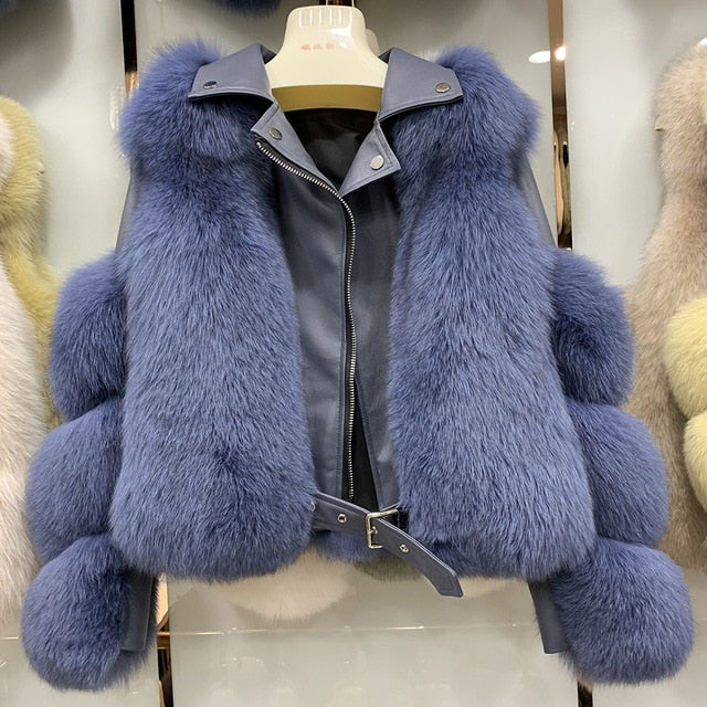 Fashion Real Fox Fur Coats Sheepskin Leather Wholeskin Natural Fox Fur Jacket