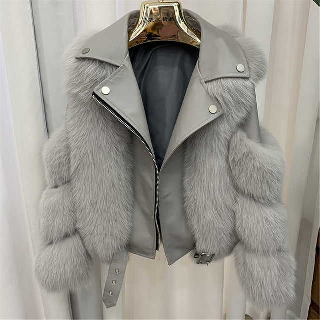 Fashion Real Fox Fur Coats Sheepskin Leather Wholeskin Natural Fox Fur Jacket