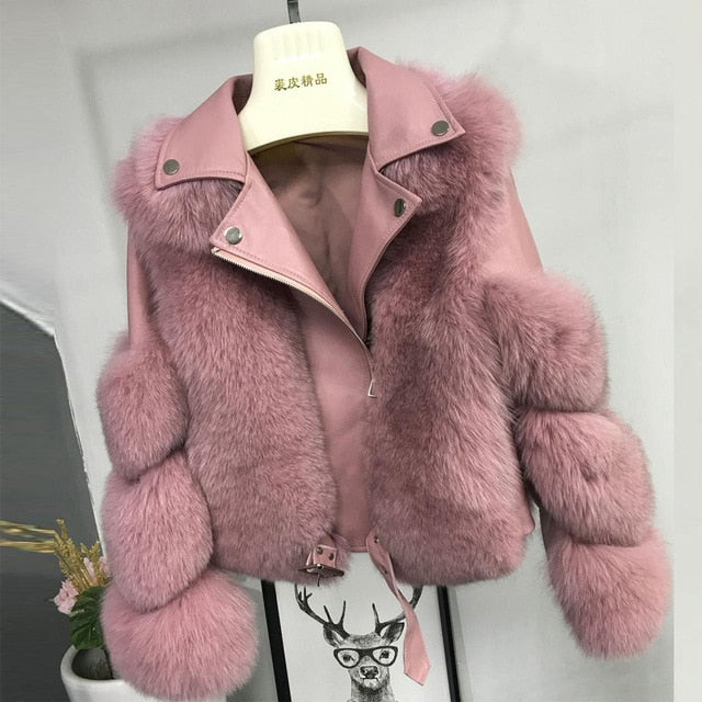 Fashion Real Fox Fur Coats Sheepskin Leather Wholeskin Natural Fox Fur Jacket