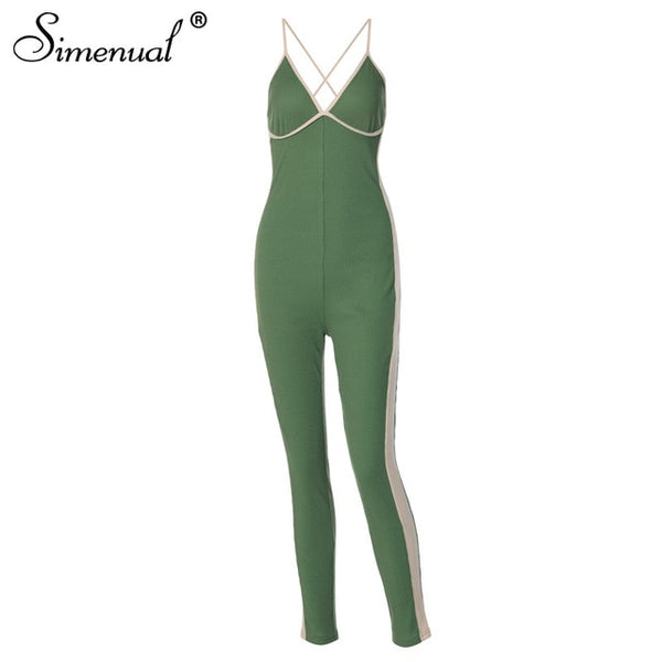 Simenual Ribbed Patchwork Casual Sporty Jumpsuits Women Sleeveless V Neck