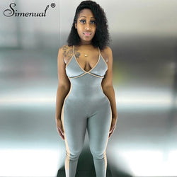 Simenual Ribbed Patchwork Casual Sporty Jumpsuits Women Sleeveless V Neck