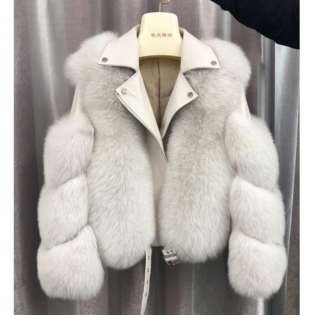 Fashion Real Fox Fur Coats Sheepskin Leather Wholeskin Natural Fox Fur Jacket