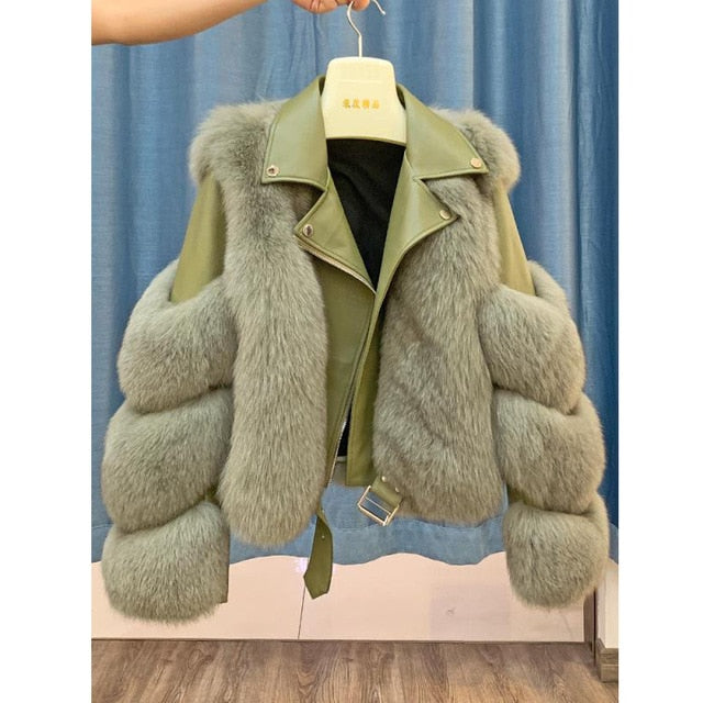 Fashion Real Fox Fur Coats Sheepskin Leather Wholeskin Natural Fox Fur Jacket