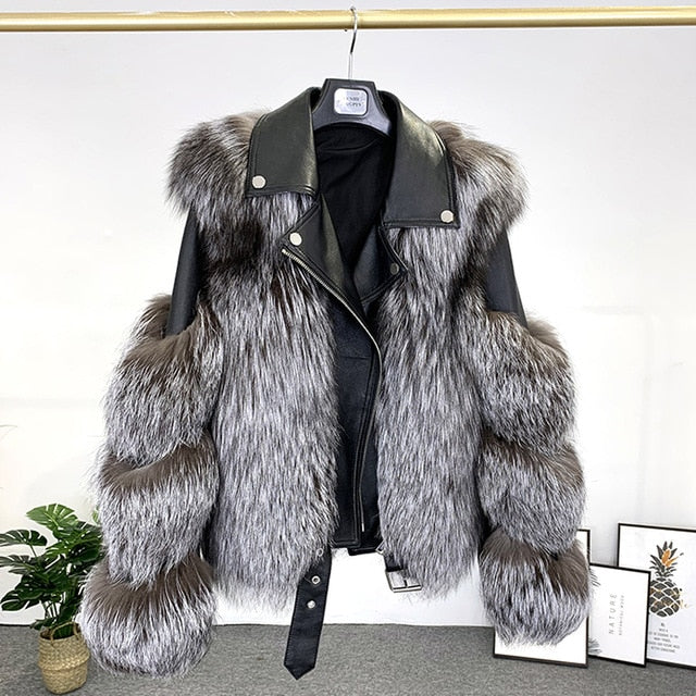 Fashion Real Fox Fur Coats Sheepskin Leather Wholeskin Natural Fox Fur Jacket