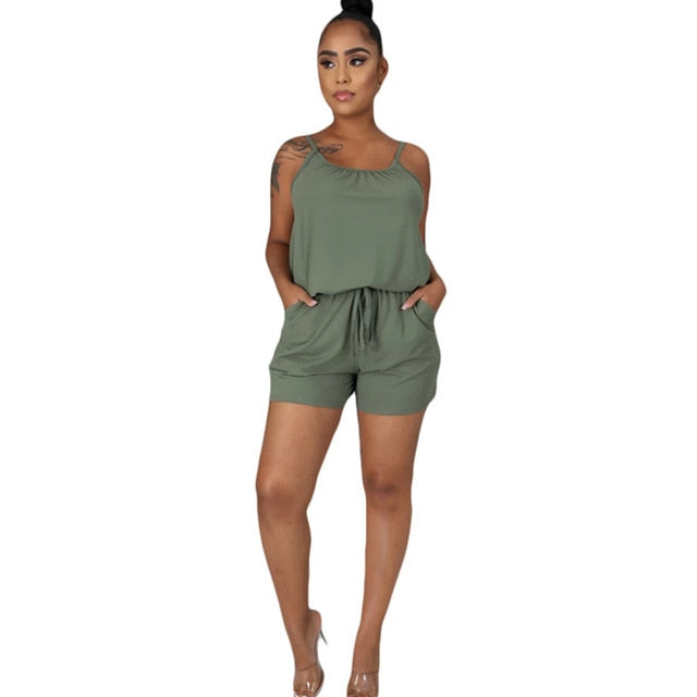 Womens Casual Fashion Solid Color Adjustable Buckle Lacing Strap Romper