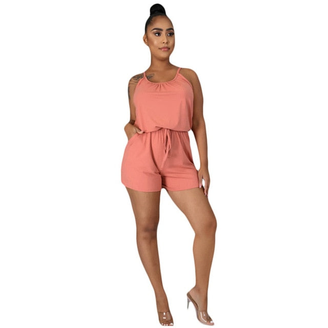 Womens Casual Fashion Solid Color Adjustable Buckle Lacing Strap Romper